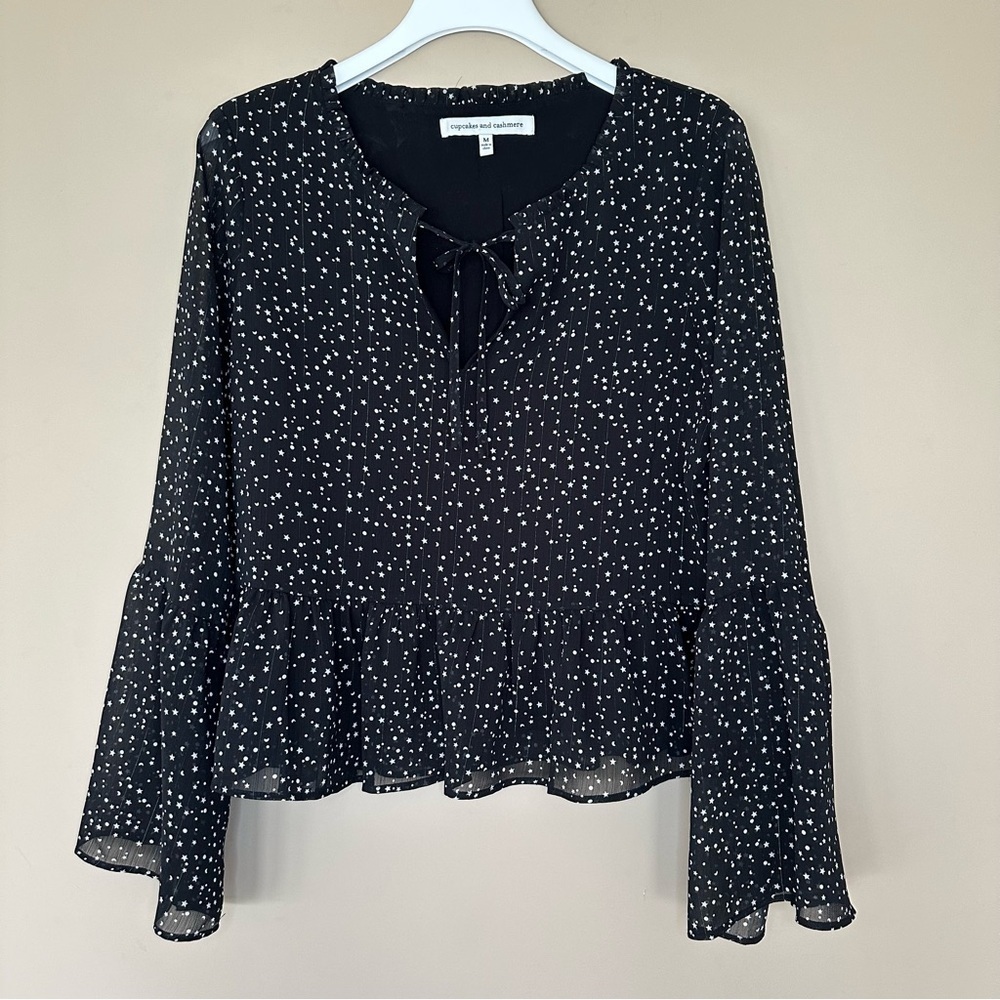 Celestial Whimsigoth Top Black Witchy Peplum Bell Sleeve Women M Moon & Stars